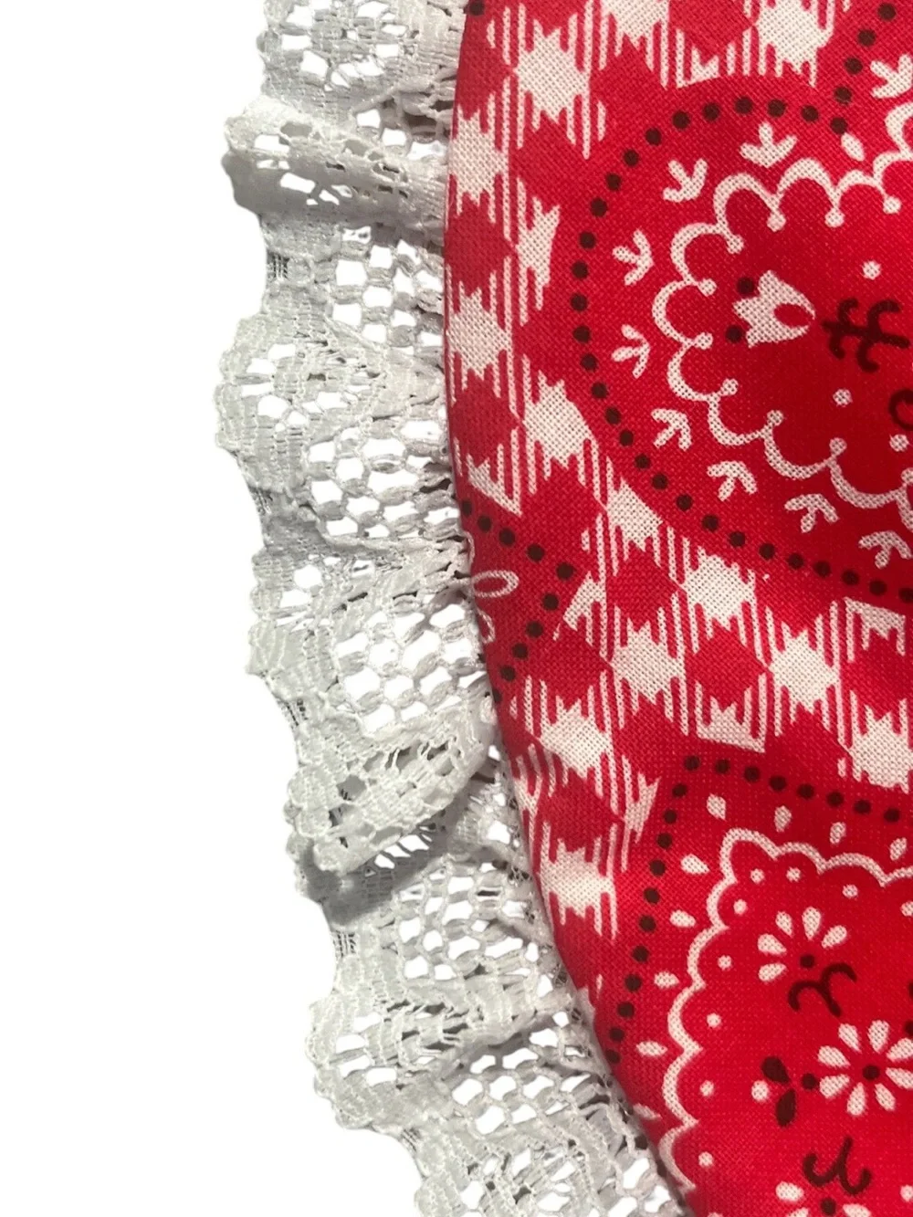 Red White Checkered Gingham Hearts Fabric Oval Placemats Lace Trim - Set of 6